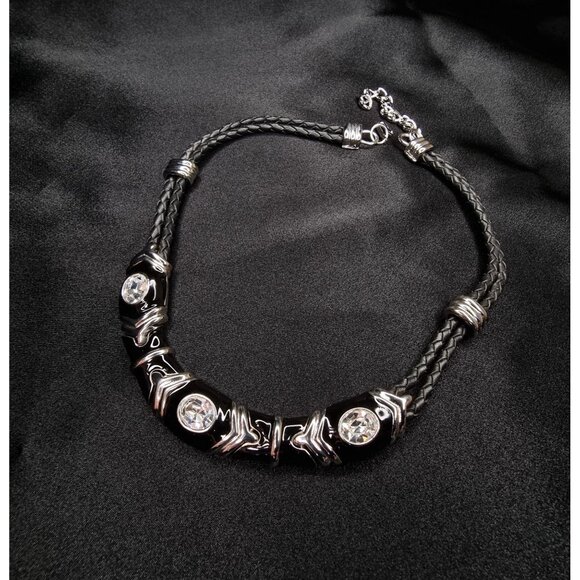 Vintage Nolan Miller Black Braided Double Strand Necklace With Rhinestone Accent - Picture 4 of 6